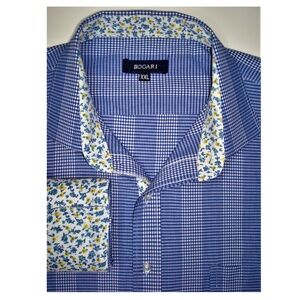 BOGARI Blue & White Checked, Contrast Flip Cuffs Long Sleeve Shirt